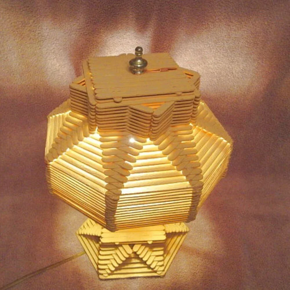Vtg Popsicle Stick Table Lamp And Shade Wired Folk Tramp Art Boho MCM 60s Hippie
